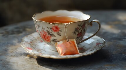 Fototapeta premium A delicate porcelain teacup with a tea bag inside
