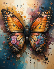 Abstract butterfly with floral patterns spreading across its wings