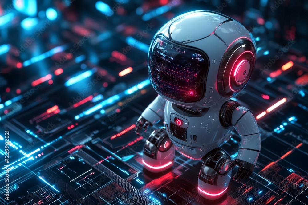 Poster Futuristic robot exploring a digital landscape filled with neon lights and technology