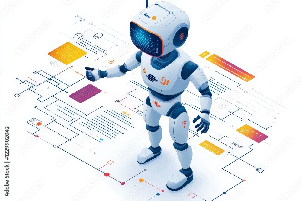Poster Futuristic robot interacts with digital interface in a modern tech environment