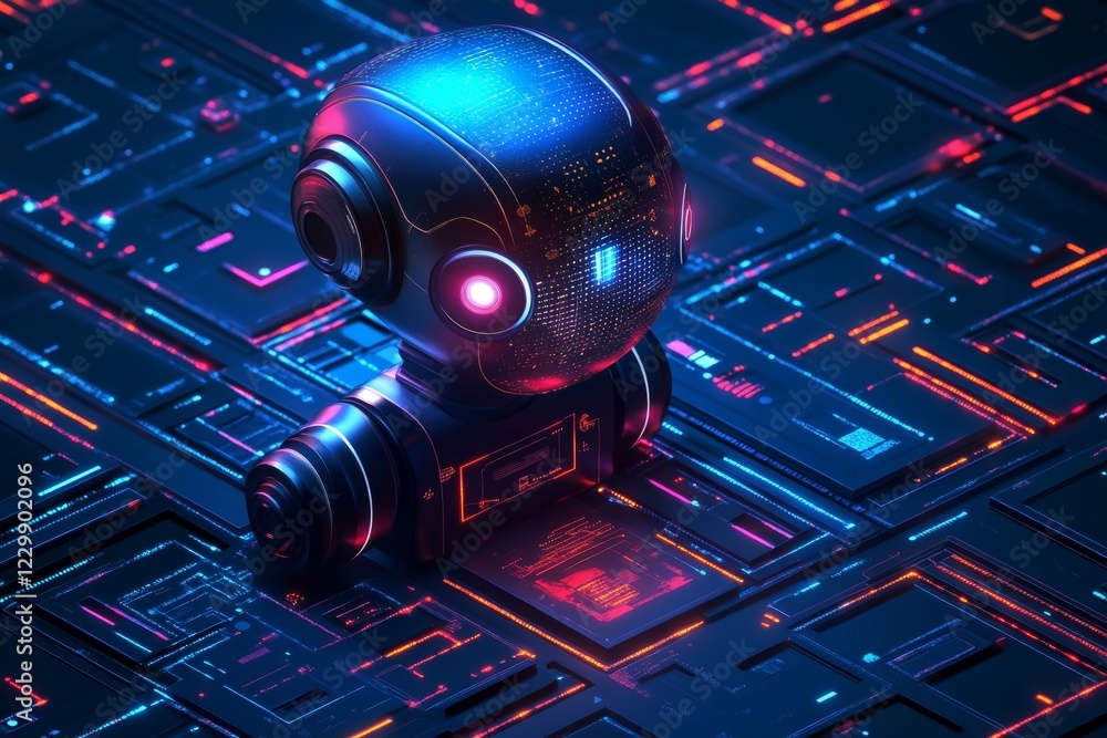Aufkleber Robot with glowing features on a futuristic circuit board at night