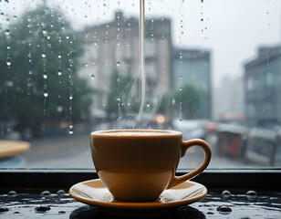 A steaming coffee cup with raindrops trickling down a glass window