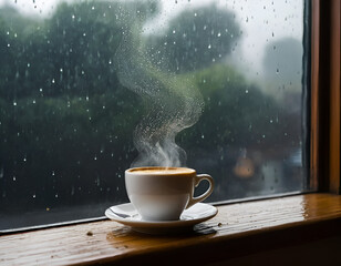 A steaming coffee cup with raindrops trickling down a glass window