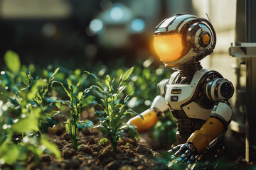 Robot tending to young plants in a futuristic farm.