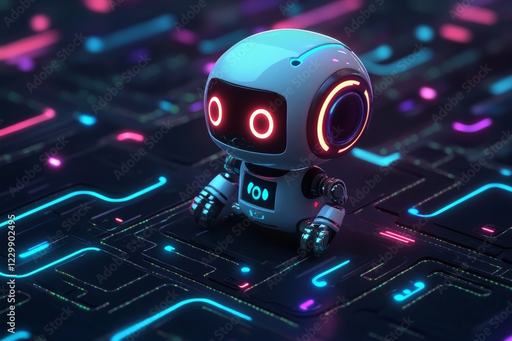 Aufkleber robot with glowing eyes exploring a futuristic digital landscape at night