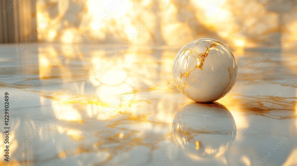 Poster Golden veining elegantly contrasts with the pristine white marble backdrop, creating a mesmerizing visual effect. Light dances off the marble orb, enhancing its allure and charm