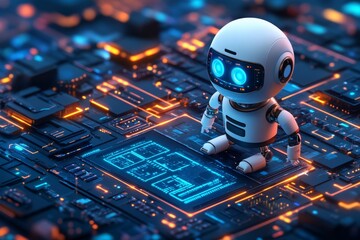 Small robot exploring a futuristic technology landscape with glowing circuit patterns at night