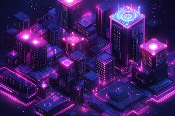 Futuristic cityscape at night illuminated with neon lights and advanced technology