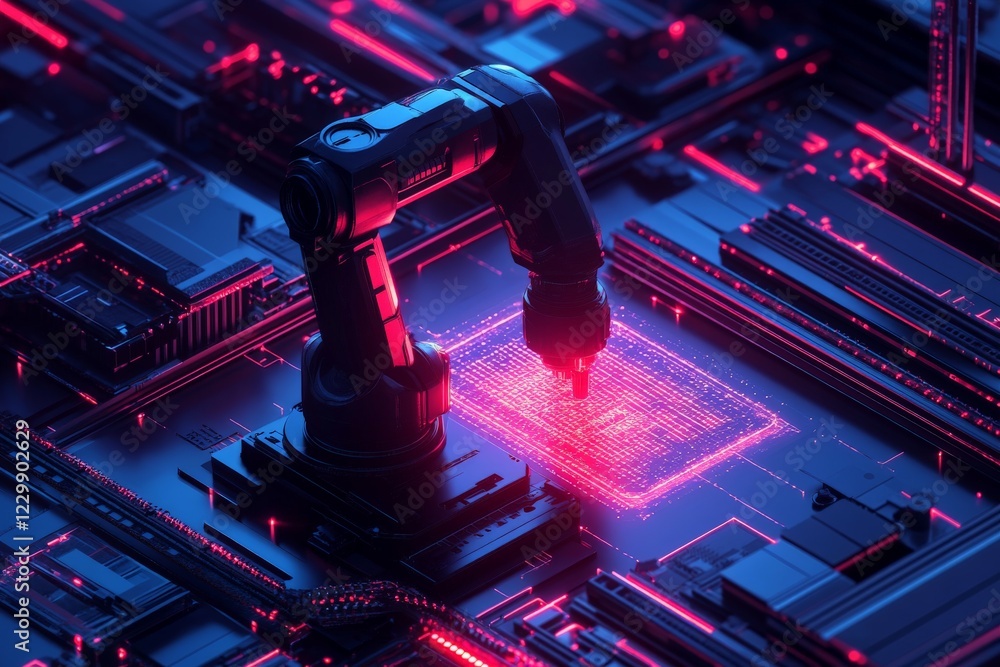 Poster Robotic arm working on circuit board under neon lights in high-tech environment