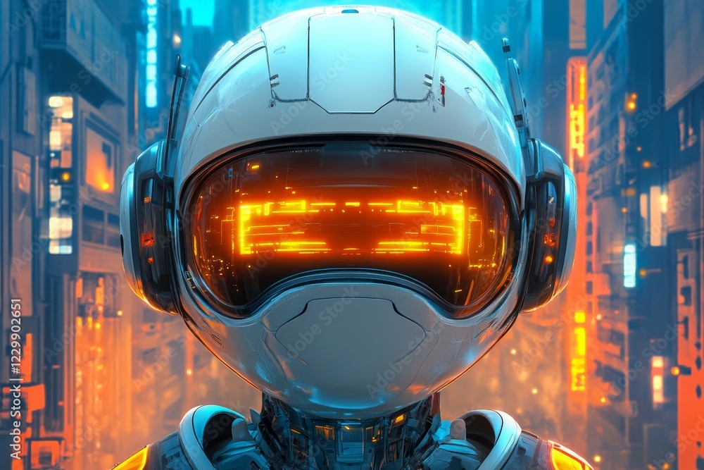 Aufkleber futuristic robot with glowing face in a neon city at night exploring advanced technology