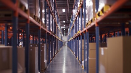 Obraz premium Warehouse Aisle with Rows of Cardboard Boxes