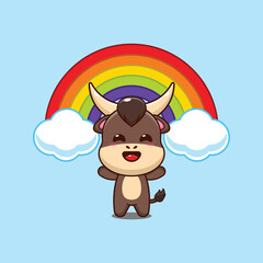 bull mascot cartoon character vector illustration with rainbow