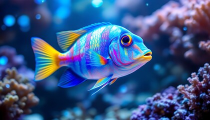 Fototapeta premium Vibrant Reef Fish in Aquarium Displaying Stunning Colors