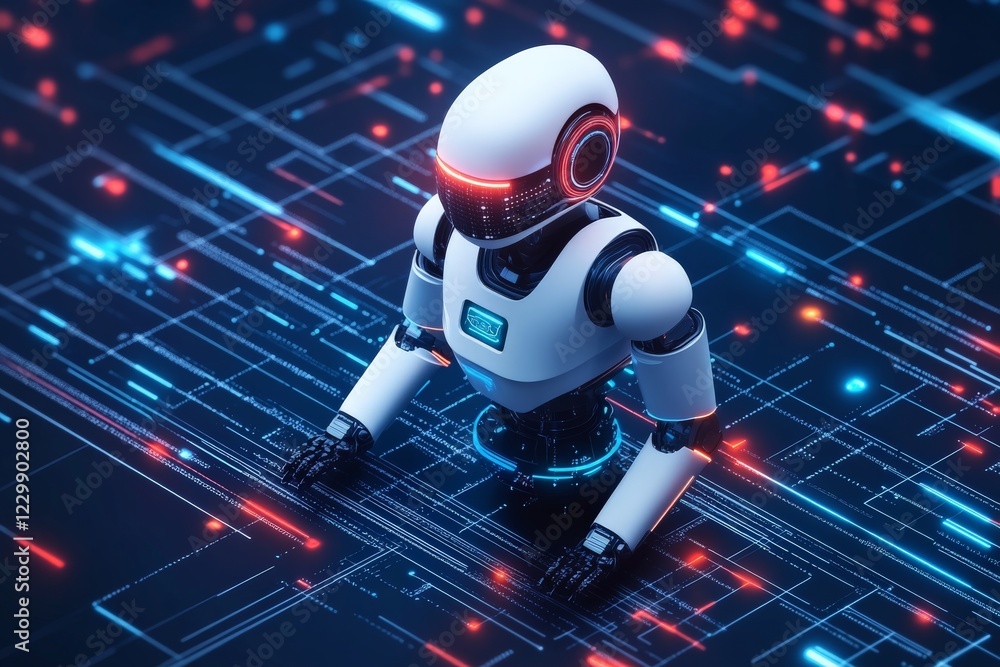 Leinwandbilder robotic figure exploring digital landscape with glowing patterns and circuits at night