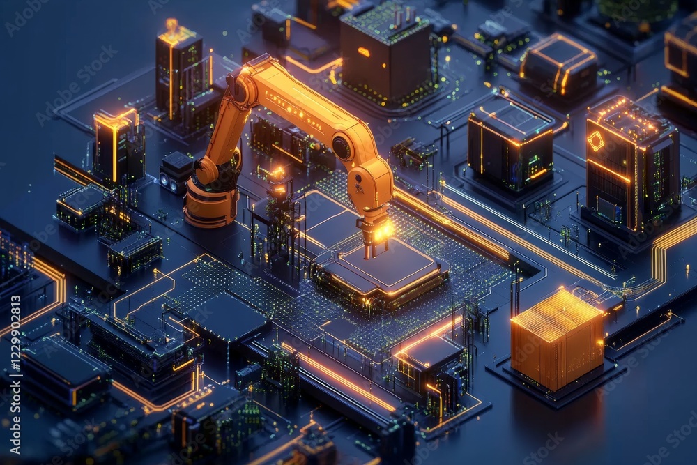 Fototapete Futuristic robotic arm assembling microchips in a high-tech factory setting at night