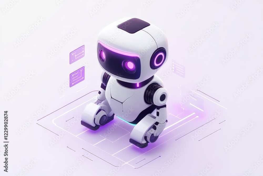 Poster small robot with glowing eyes surrounded by digital interfaces in a modern tech environment