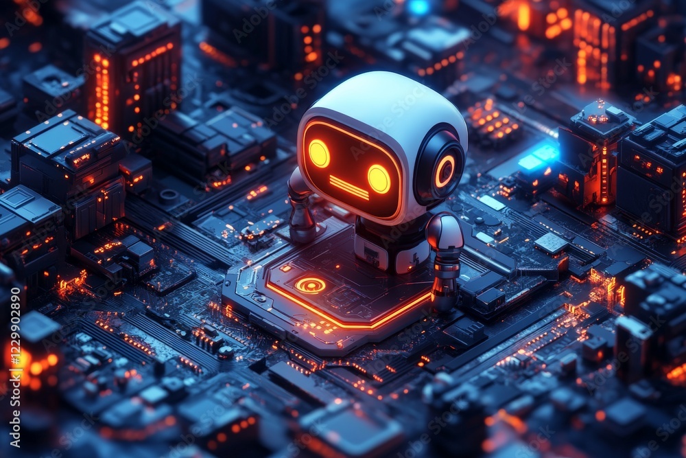 Poster cute robot surrounded by a futuristic cityscape on a computer chip at night in a vibrant digital env