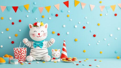Cute Cartoon Cats Celebrating a Party with Colorful Decorations and Treats, cats sit together, adorned with a bow tie and flower crown, amidst colorful treats, radiating a joyful, playful atmosphere