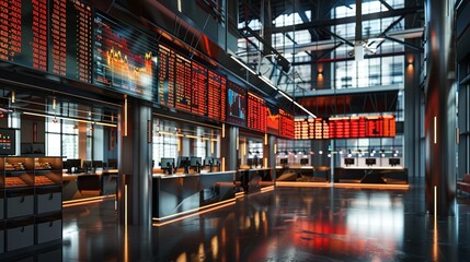 Energetic and modern exchange trading floor with high tech digital dashboard displays financial charts and data analysis tools for investment and business decisions