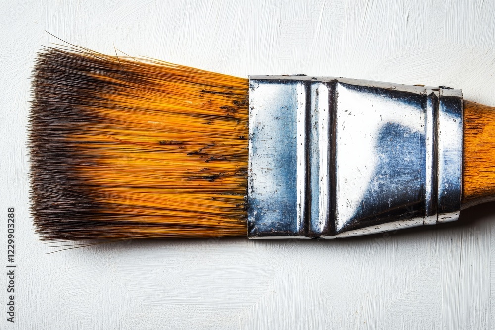 Poster brush with worn bristles and a silver metallic ferrule resting against a textured white background s