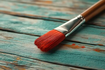 Fototapeta premium Vibrant red paintbrush rests on rustic wooden table with turquoise finish