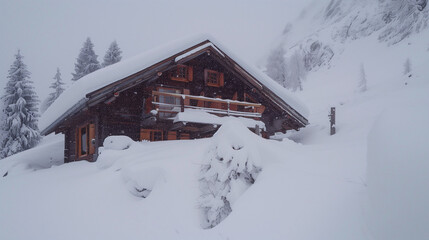 Naklejka premium Alpine hut under snow. Alpine hut covered with snow