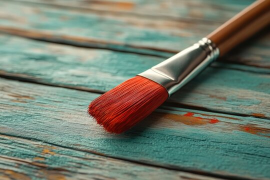 Vibrant red paintbrush rests on rustic wooden table with turquoise finish