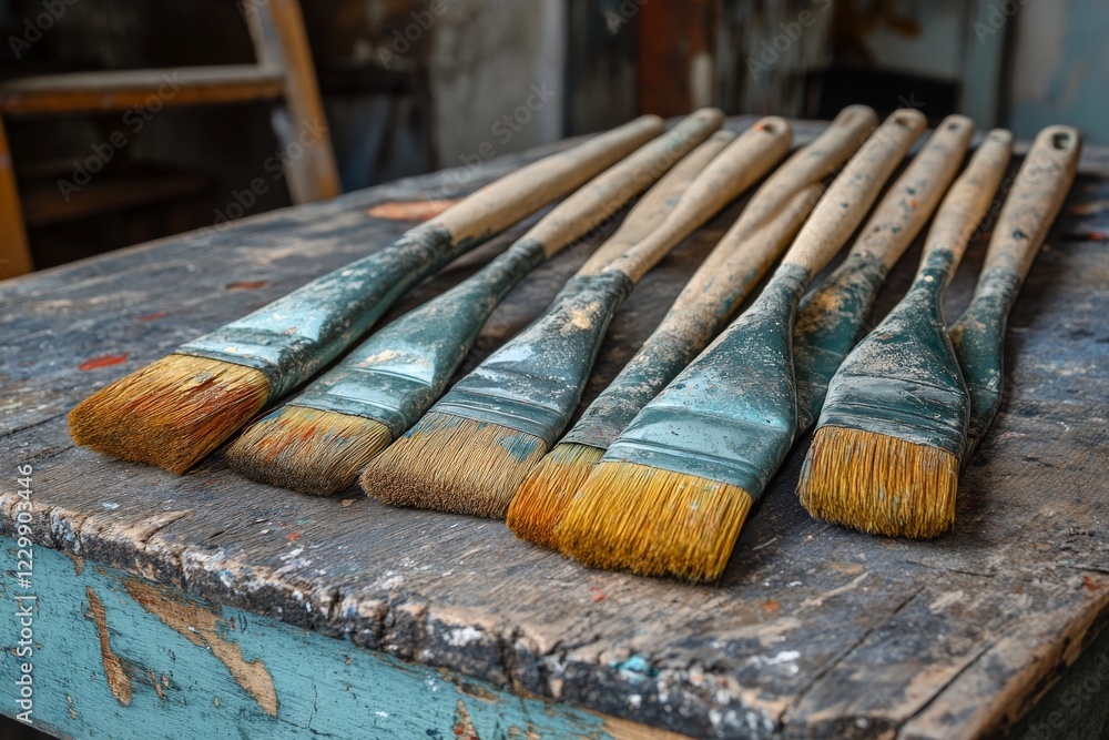 Poster Various paintbrushes arranged in a row on a weathered wooden table in an art studio setting