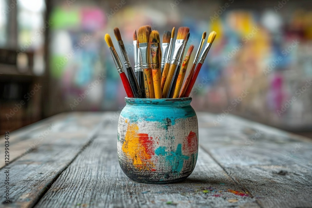 Poster colorful paintbrushes arranged in a jar on a wooden table in an artist's studio during the day