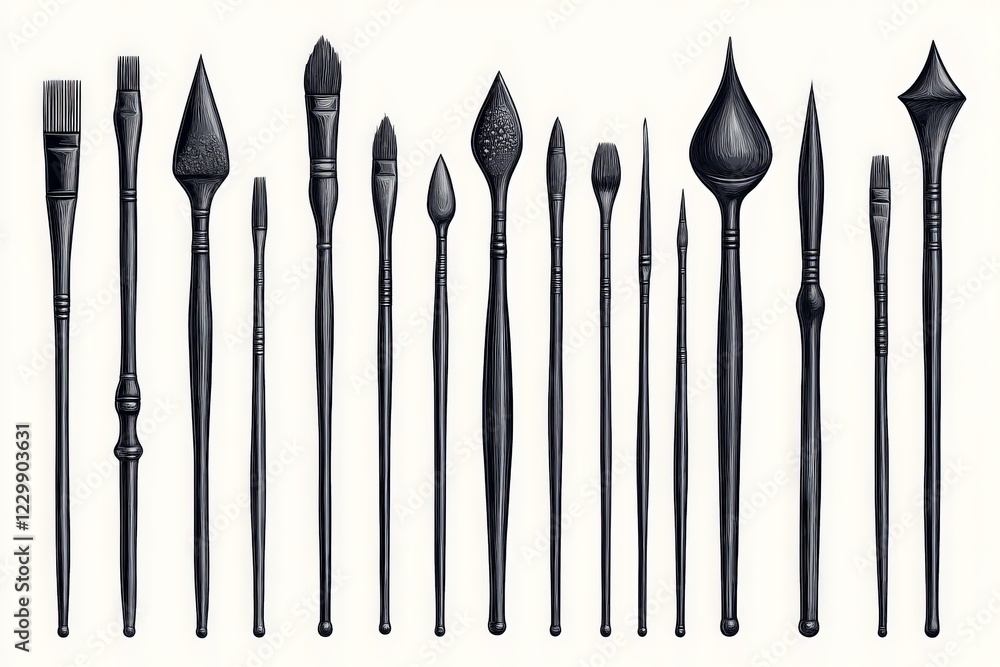 Poster fine art paintbrushes arranged in a creative layout showcasing various styles and shapes for artists