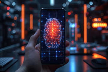 Digital brain visualization displayed on smartphone in a futuristic technology lab environment with glowing elements