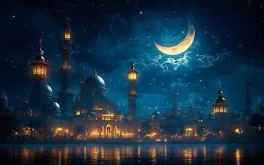 Fantasy Cityscape at Night with Illuminated Buildings and Crescent Moon

