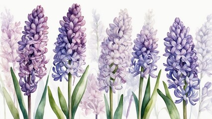 Obraz premium Watercolor background with purple and lilac hyacinth flowers
