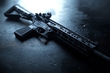 High-quality tactical rifle resting on a dark surface with soft lighting in a dim environment