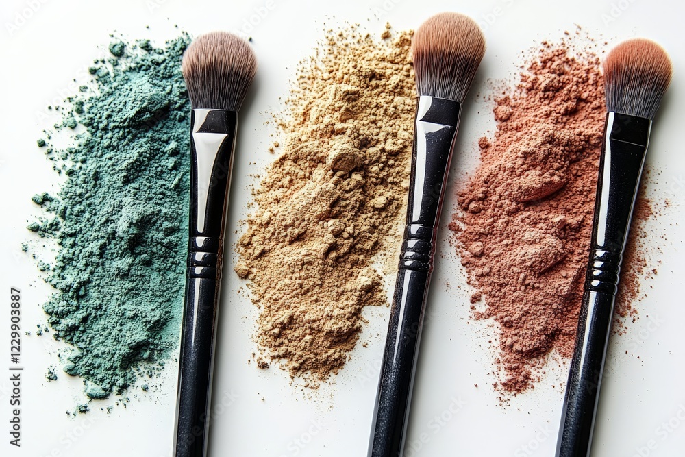 Poster vibrant makeup powders and brushes arranged creatively on a clean surface with a focus on color and 