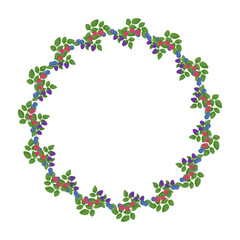 Fototapeta premium Berries round frame isolated on a white background. Raspberry, blackberry and blueberry with green leaves. Flat style. The center of the image is free for your inscription. 