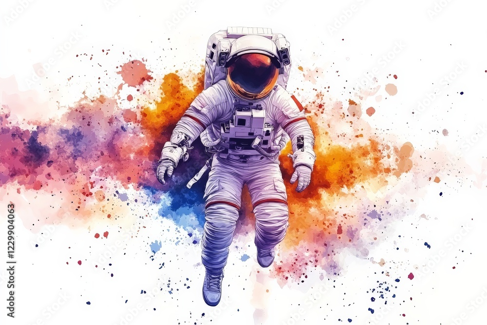 Poster Astronaut floating through colorful cosmic space illustrating exploration and discovery