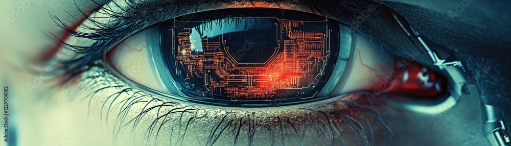 Poster close up of an eye with a circuit pattern in the pupil illustrating technology and vision