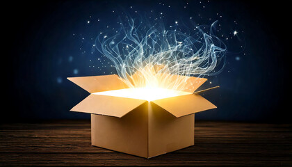 Mysterious glowing light bursts from an open cardboard box on a dark wooden surface.  Perfect for concepts of surprise, magic, opportunity, or new beginnings.