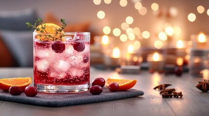 Close-up of a cranberry gin and tonic with orange slices and sprigs of thyme, a warm glow of candles, and scattered autumn spices in the background