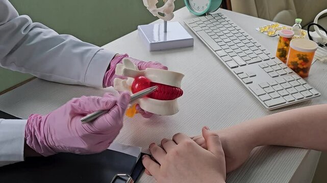 Doctor holding lumbar vertebrae spine skeleton bone and spinal nerve with displaced herniated disc fragment for treatment medical
