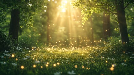 Glowing particles of green noise dance through a tranquil forest illuminated by soft light beams on a serene Valentines Day