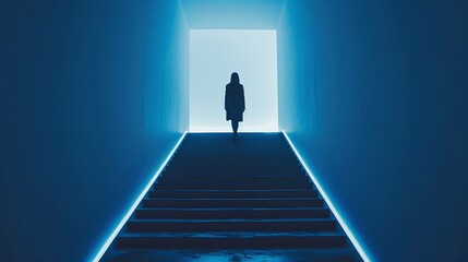Silhouetted figure walking through a mysterious glowing tunnel of light and stairs symbolizing a journey of and transformation into the unknown