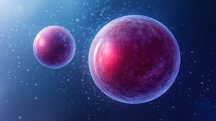 Two red cells under microscope with bubbles in blue, medical, science, education