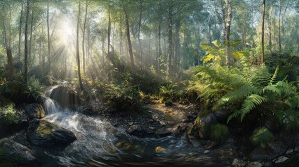 Obraz premium Forest stream with sunlight, plants, and trees. For nature or landscape uses