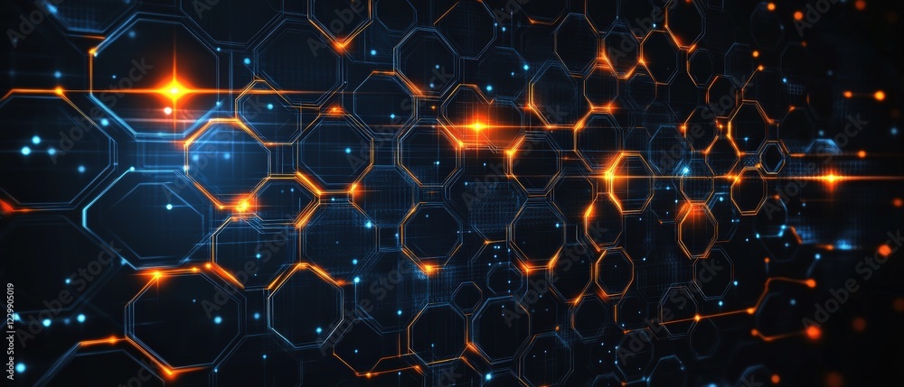 Poster abstract glowing hexagonal background with interconnected hexagons in vibrant colors and patterns