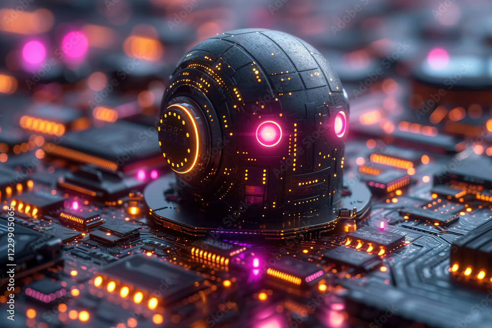 Poster futuristic robotic head atop circuit board with glowing elements in high-tech environment