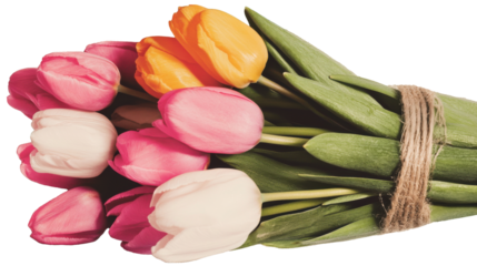 Beautiful bouquet of pink, white and orange tulips tied with twine, isolated on transparent background, perfect for celebrating spring and women's day on march 8th