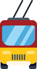Red and yellow trolleybus driving through city streets, modern flat design icon