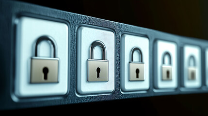 Sleek, futuristic graphic depicting a row of padlocks on a dark control panel.  Ideal for illustrating online security, data protection, privacy, or access control concepts.